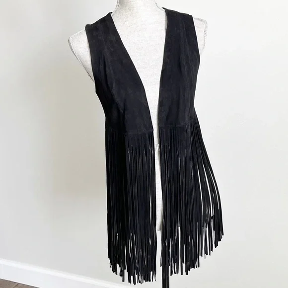 Lamarque Sonia Black Suede Leather Fringe Vest XS